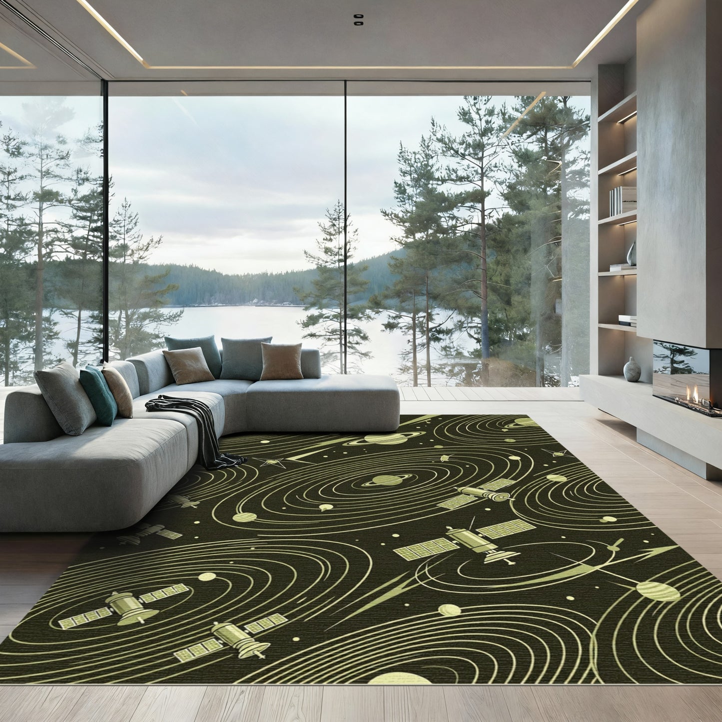 Olive Space Satellites Galactic Swirls Rug