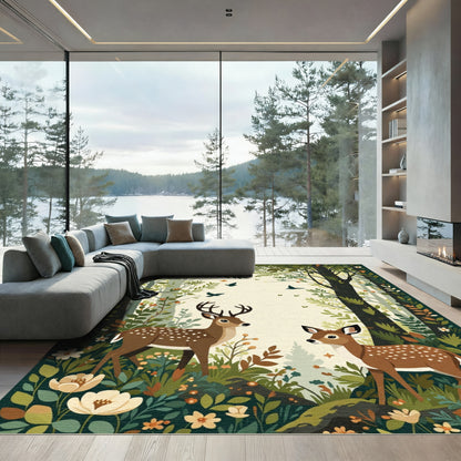 Woodland Deer Floral Birds Forest Scene Rug