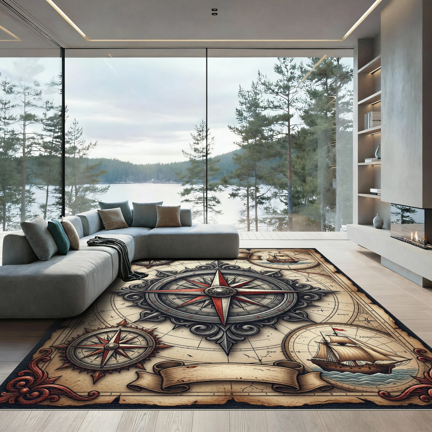 Vintage Nautical Compass Antique Map Rug