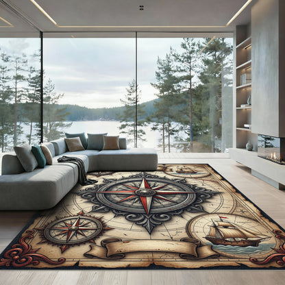 Vintage Nautical Compass Antique Map Rug