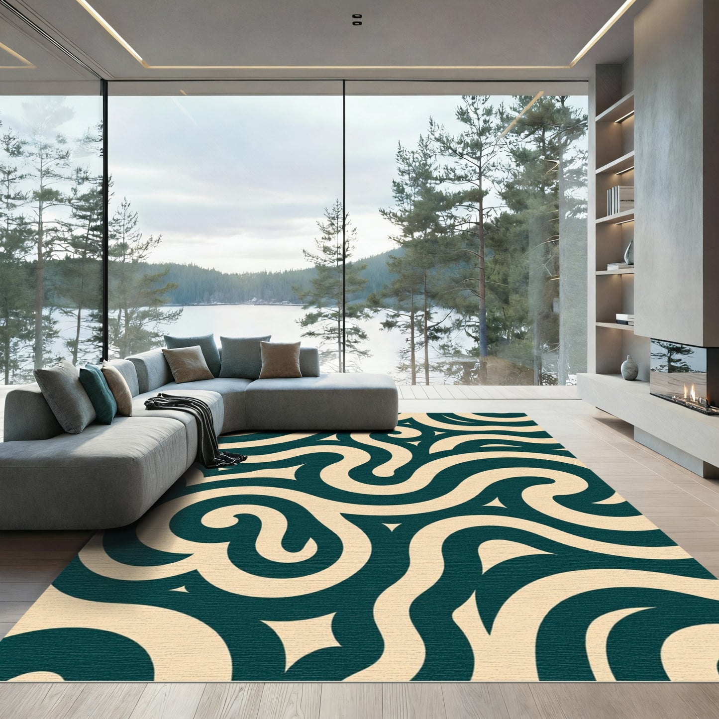 Dark Teal Cream Swirls and Curves Rug