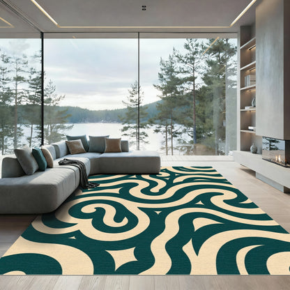 Dark Teal Cream Swirls and Curves Rug