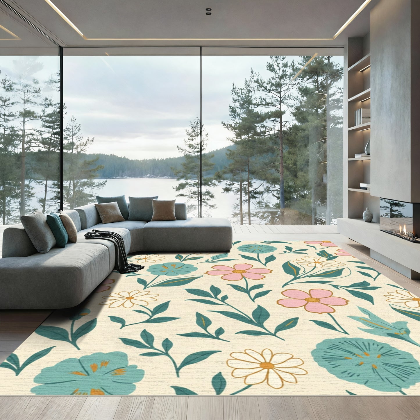 Whimsical Floral Garden Pink Blue Rug