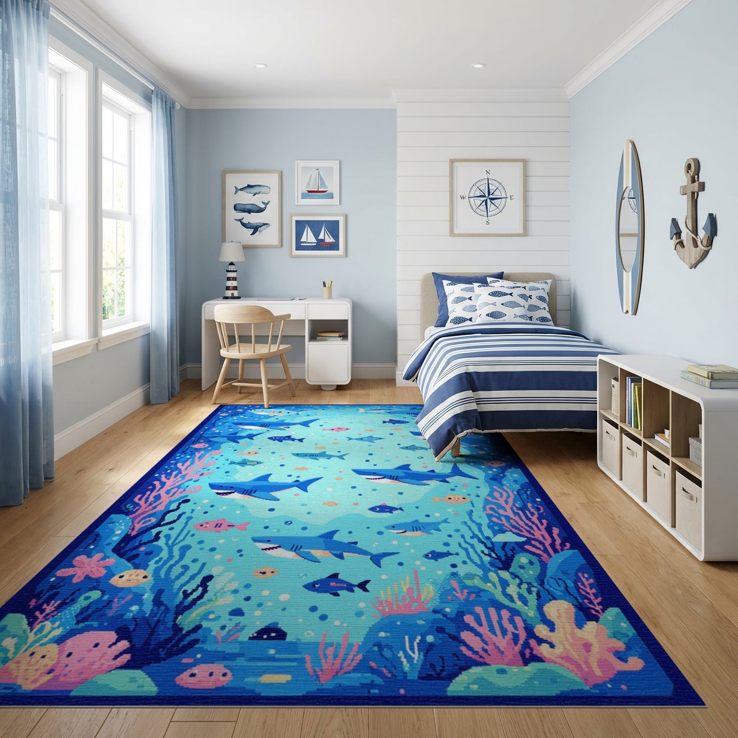Vibrant Blue Sharks Coral Fish Rug
