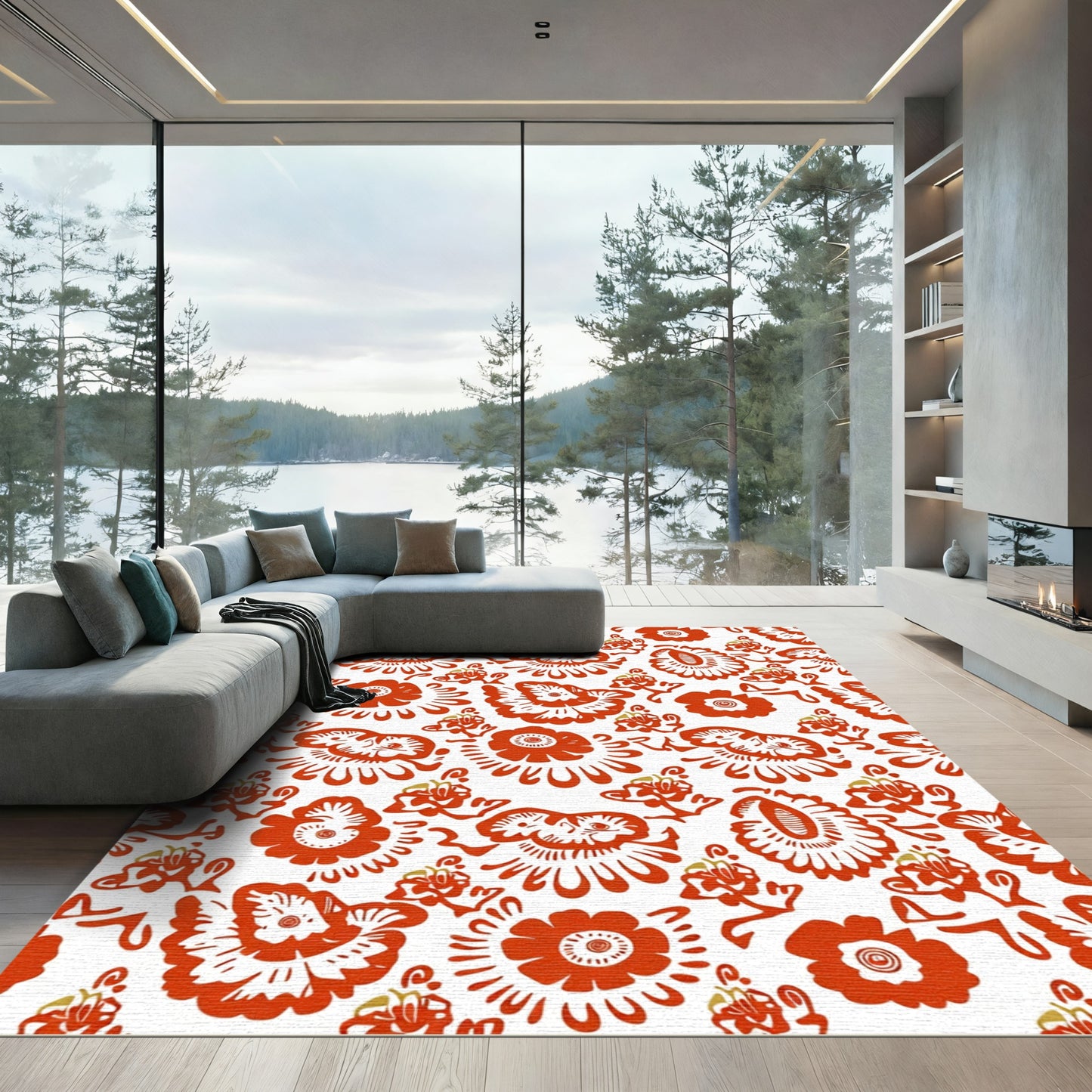 Ornate Red Blossom Folk Art Rug