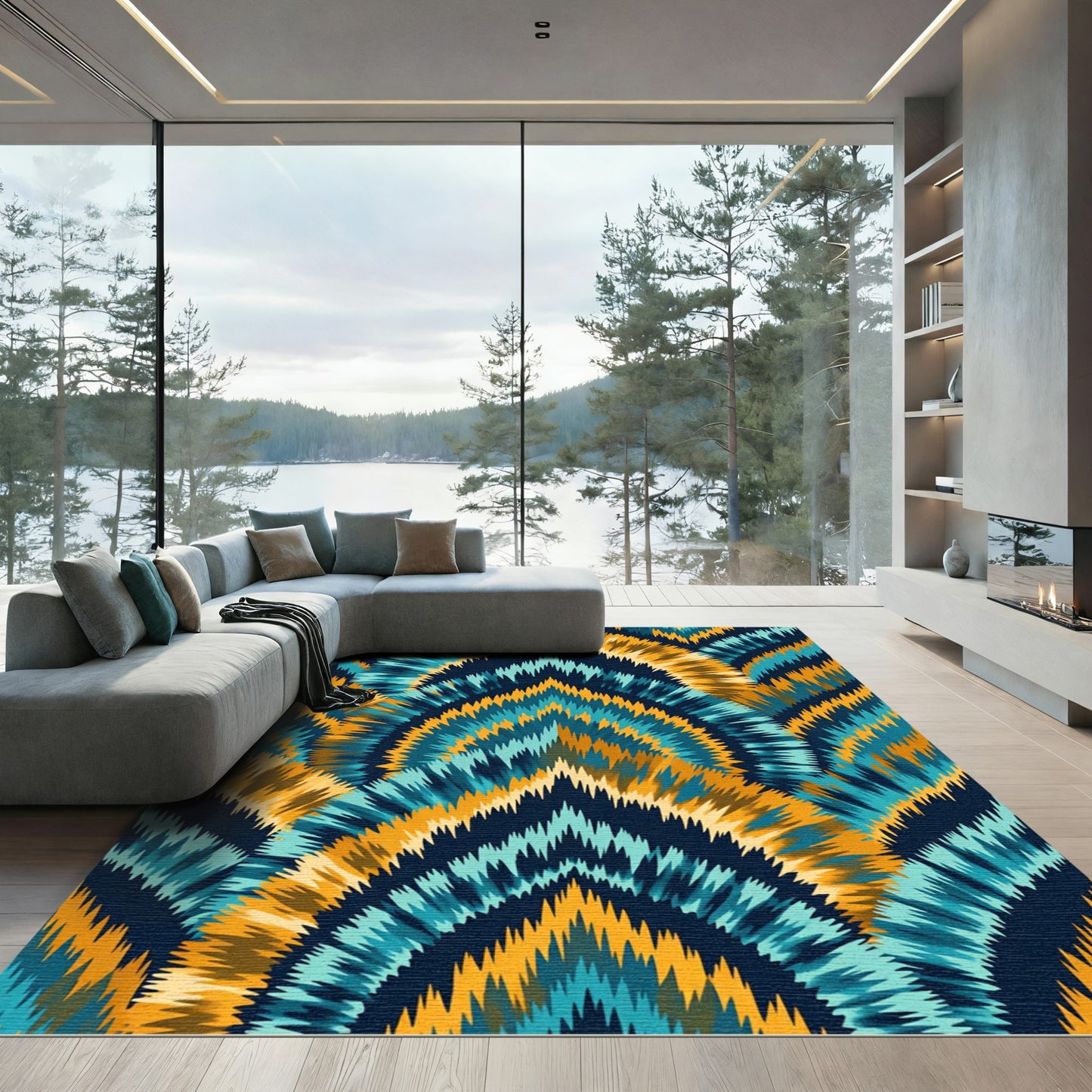 Blue Gold Sunburst Zigzag Pattern Rug