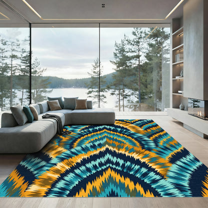 Blue Gold Sunburst Zigzag Pattern Rug