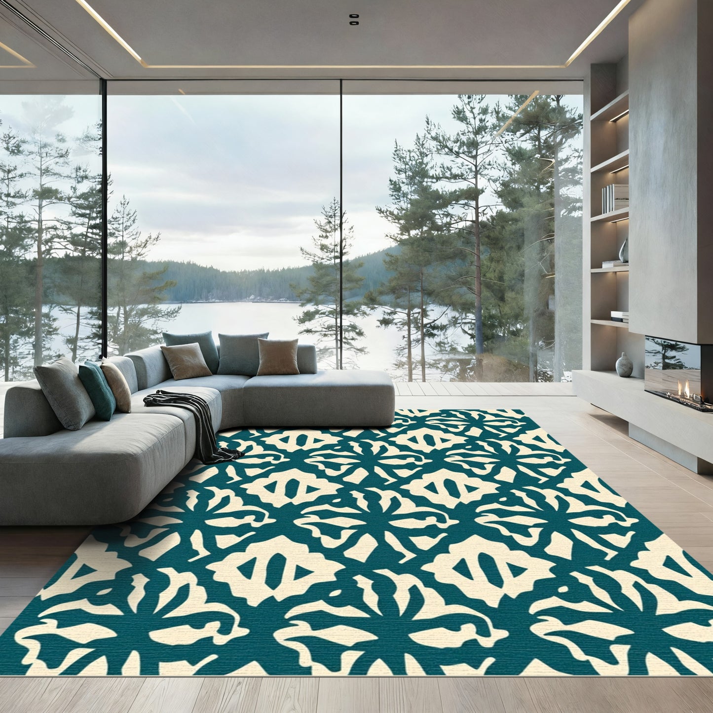 Teal and Cream Abstract Floral Arrangement Rug