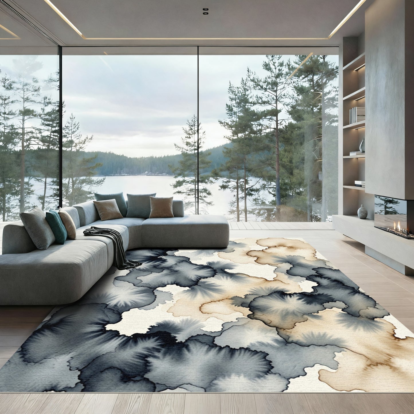 Ethereal Gray and Beige Ink Wash Rug
