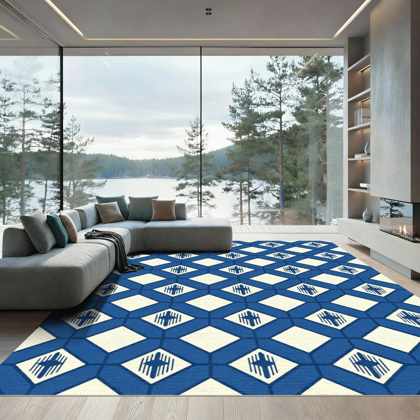 Classic Blue Diamond Geometric Lattice Rug