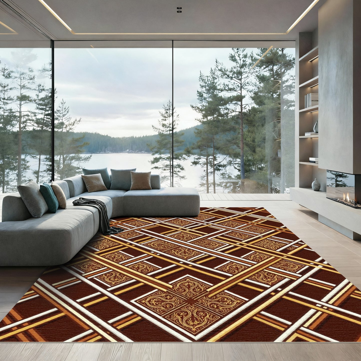 Ornate Gold Brown Intersecting Lines Rug