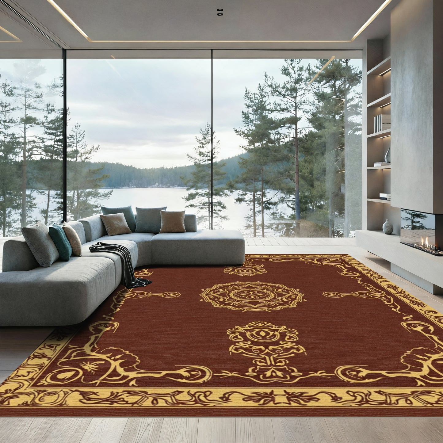 Rich Brown Ornate Floral Frame Rug