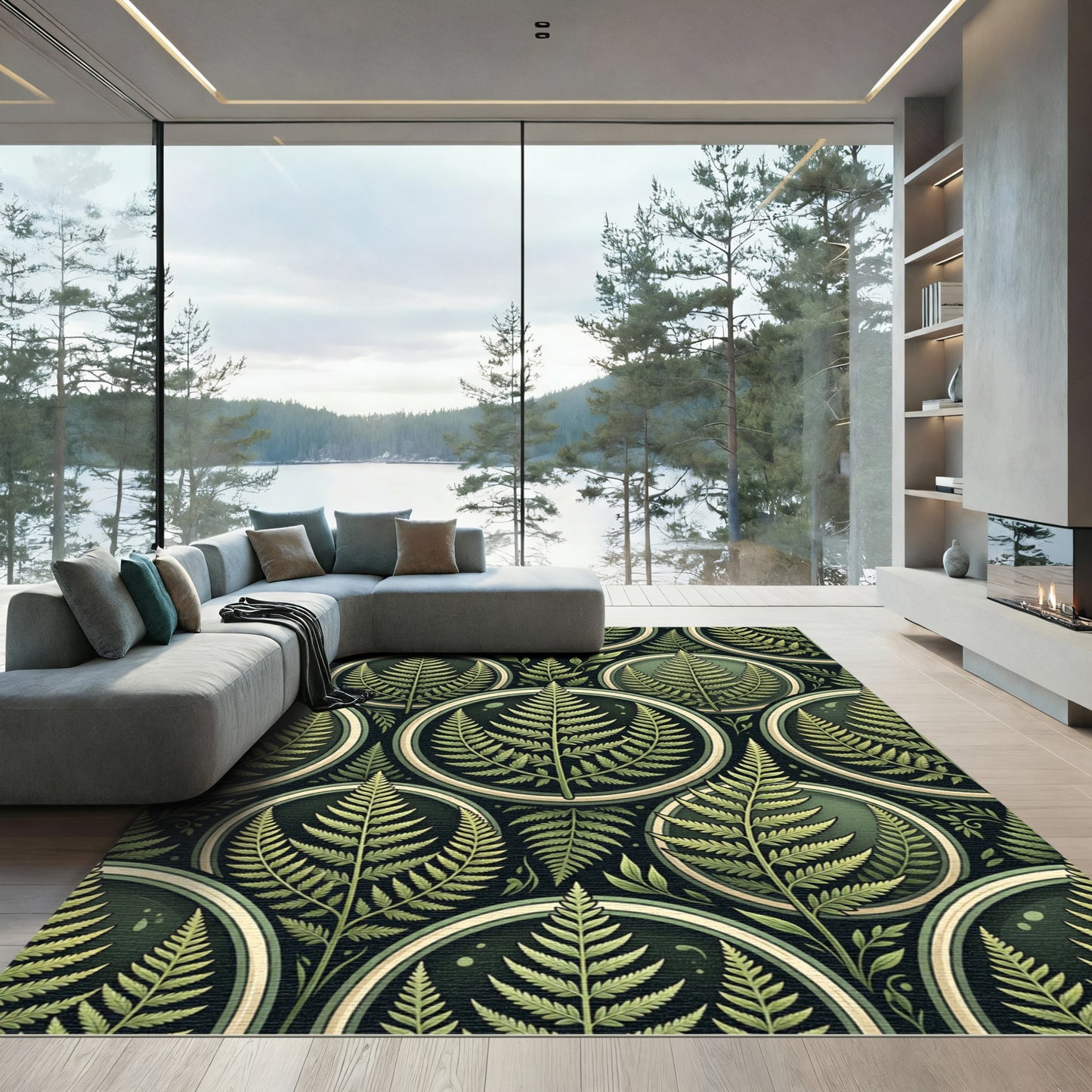 Botanical Sage Fern Circular Foliage Tile Rug