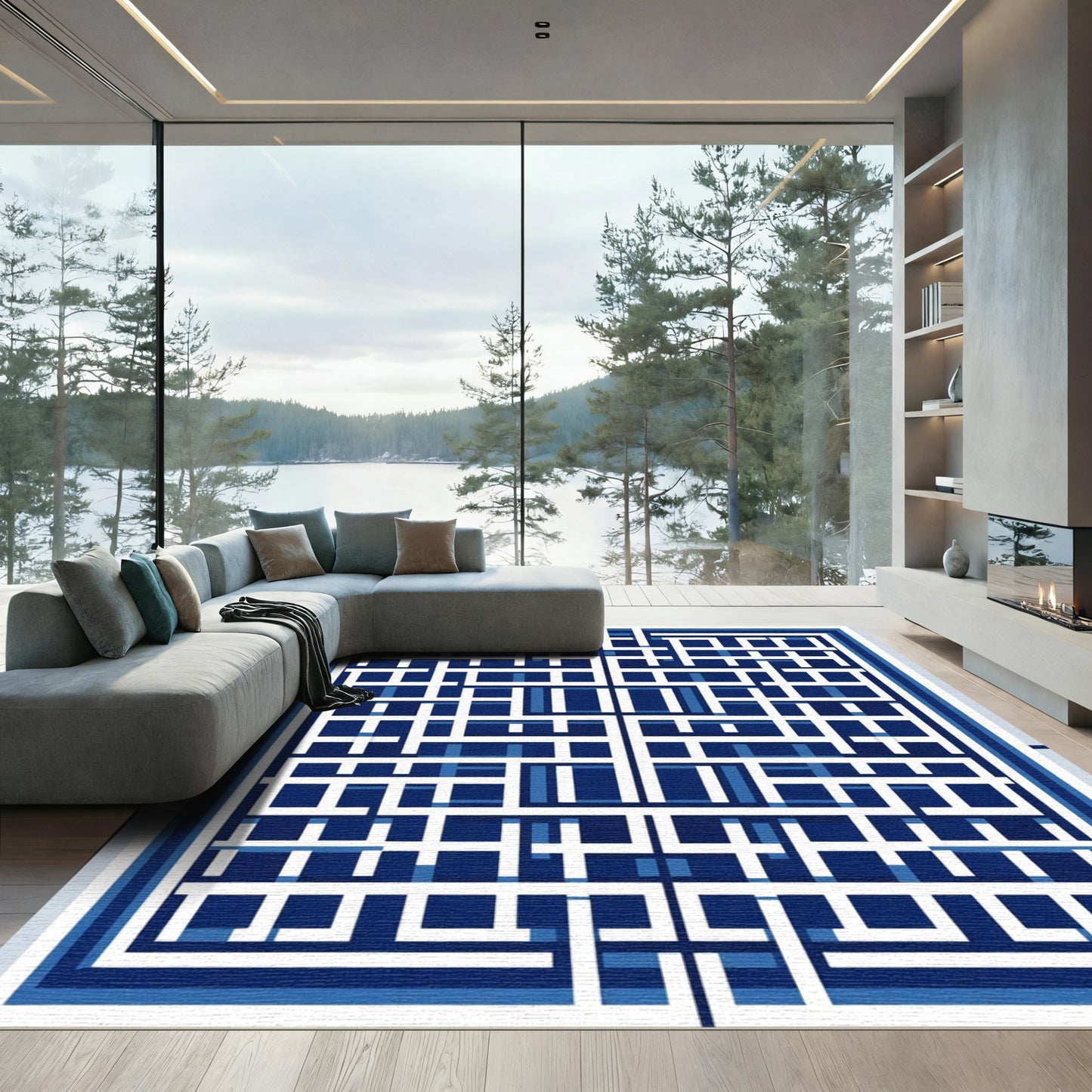 Navy White Interlocking Geometric Squares Rug