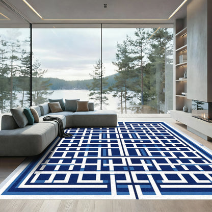 Navy White Interlocking Geometric Squares Rug