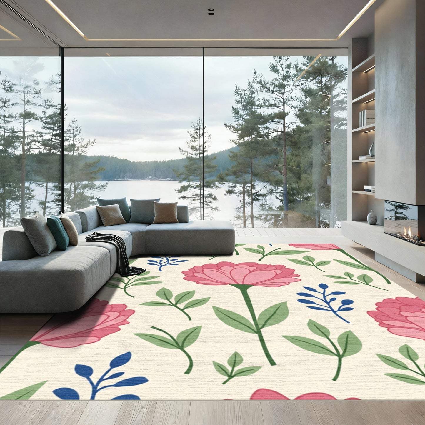 Pink Floral Sprigs Meadow Composition Rug