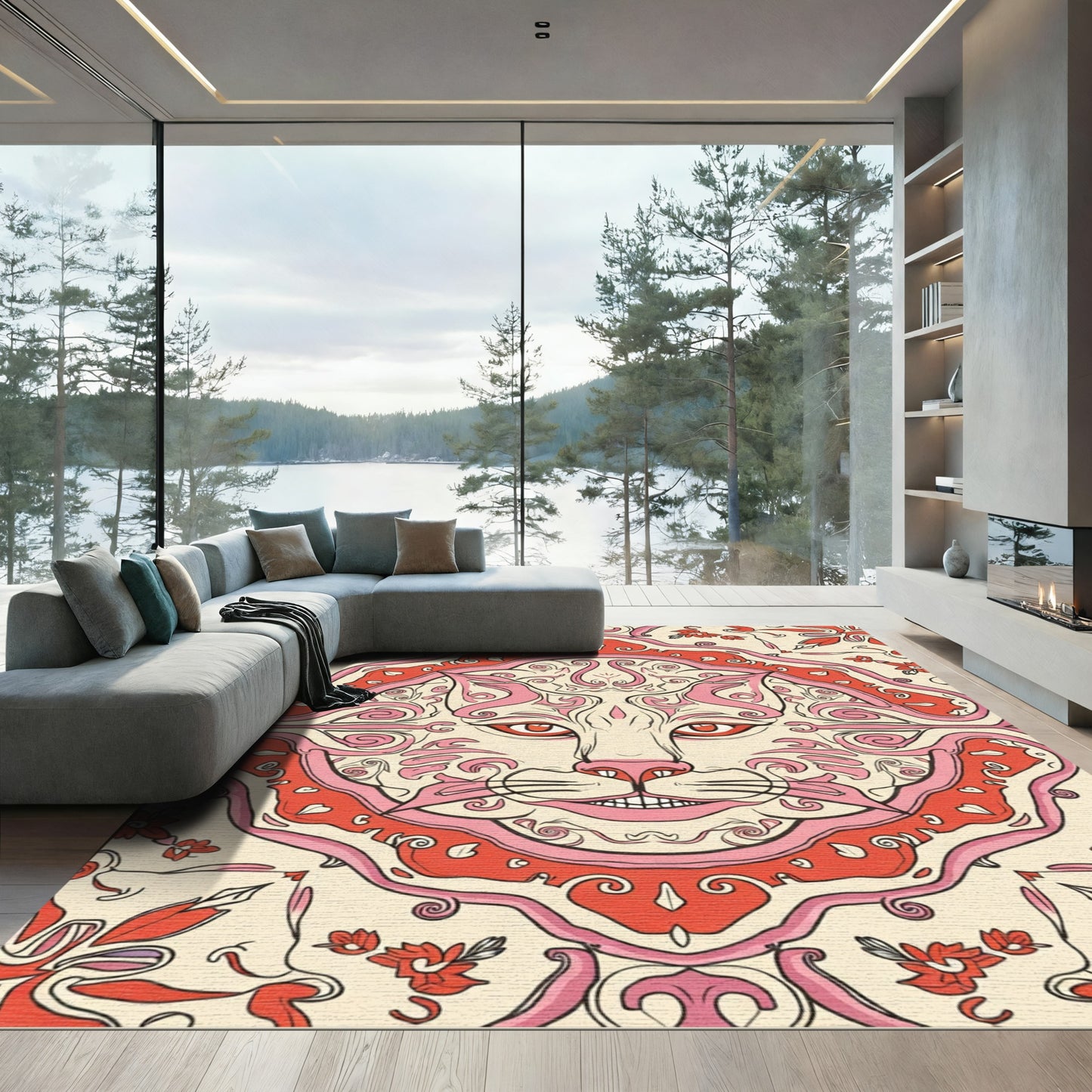Ornate Cat Floral Red Pink Accents Rug
