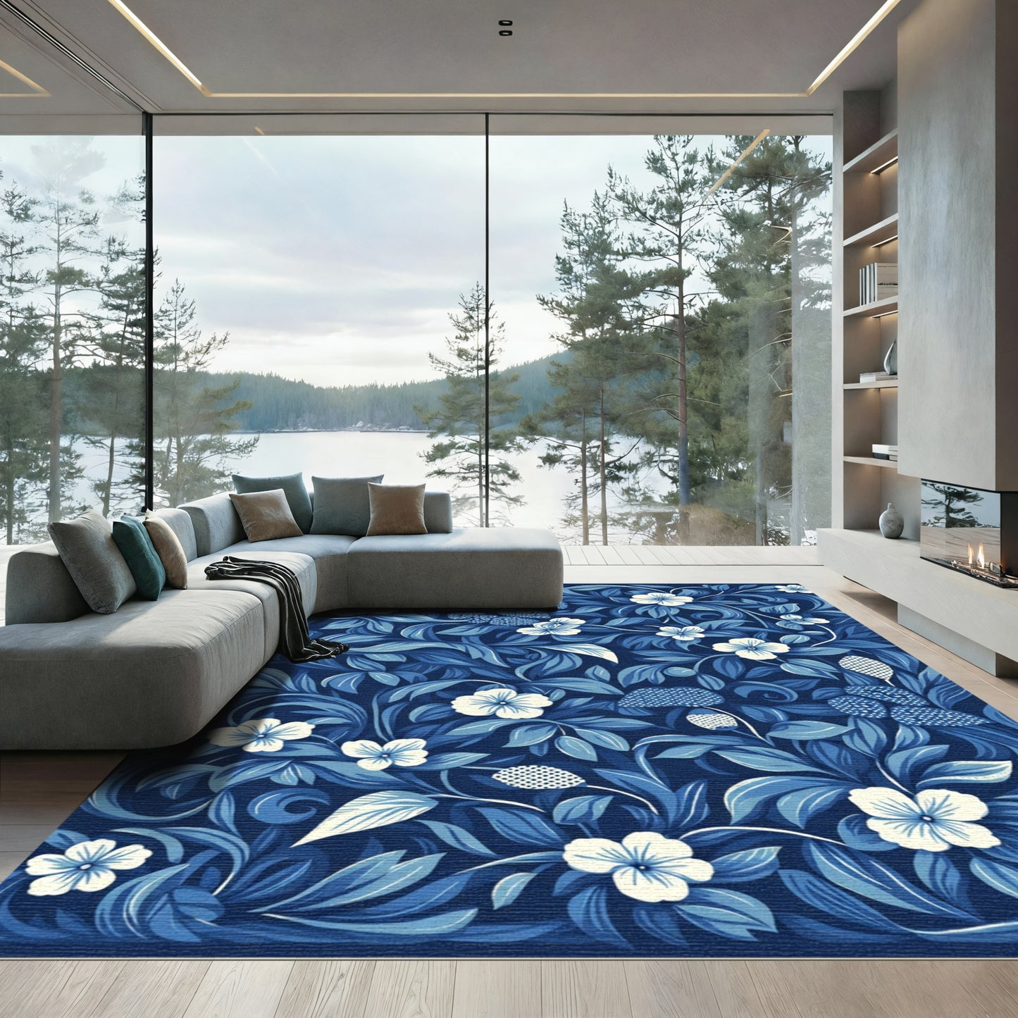 Deep Blue White Floral Foliage Medley Rug
