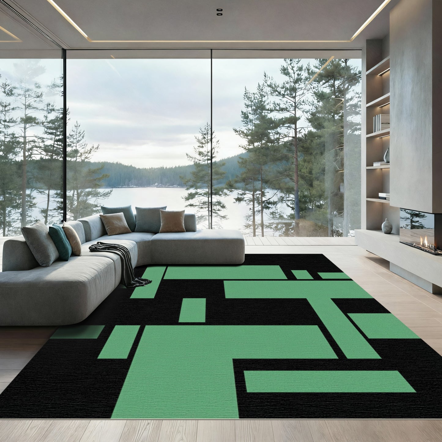 Geometric Sage Green Minimalist Block Composition Rug