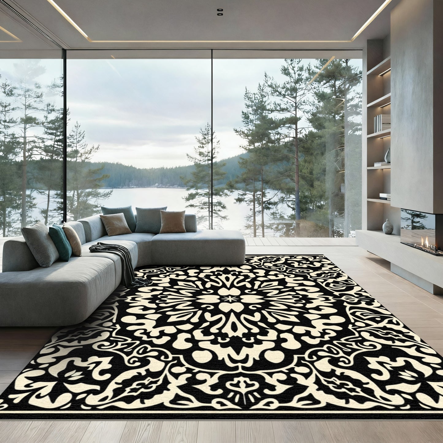 Black Ivory Ornate Floral Medallion Rug