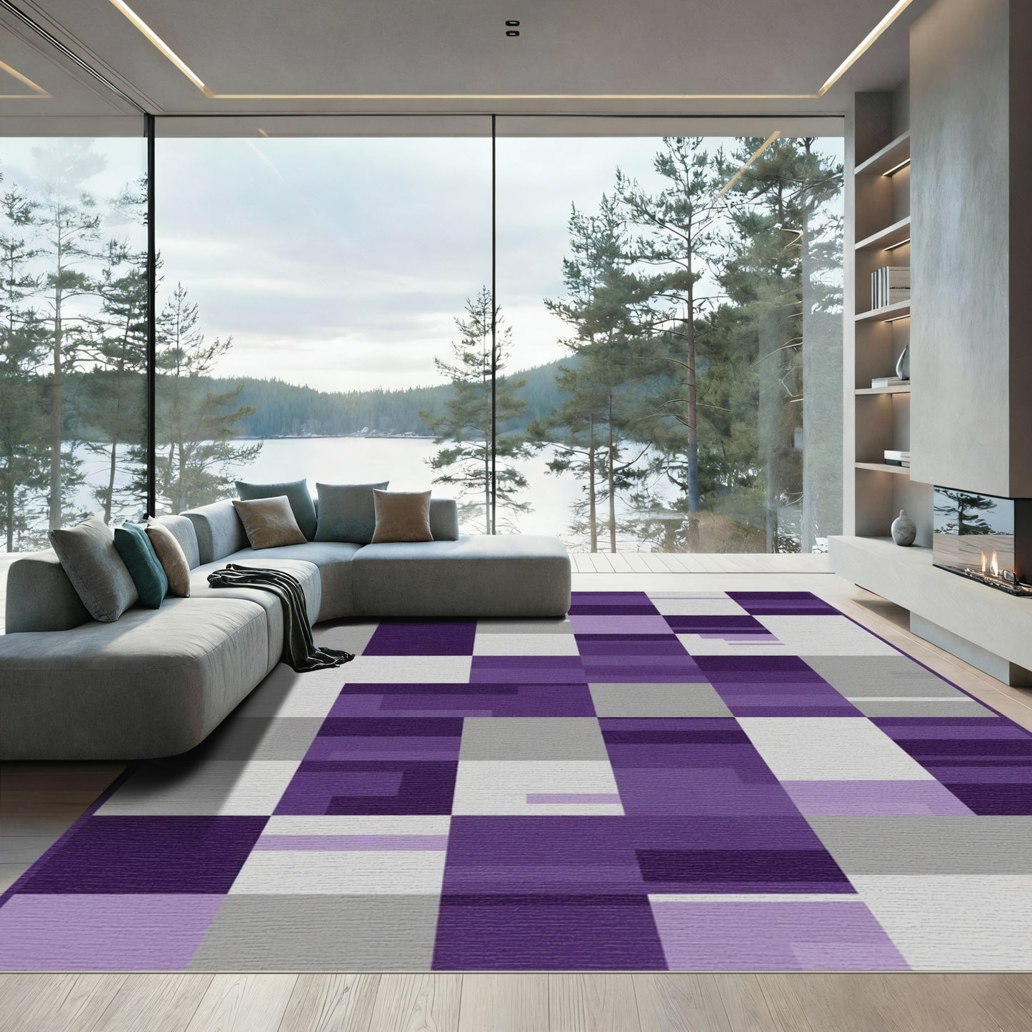 Geometric Plum Gray Blocks Rug