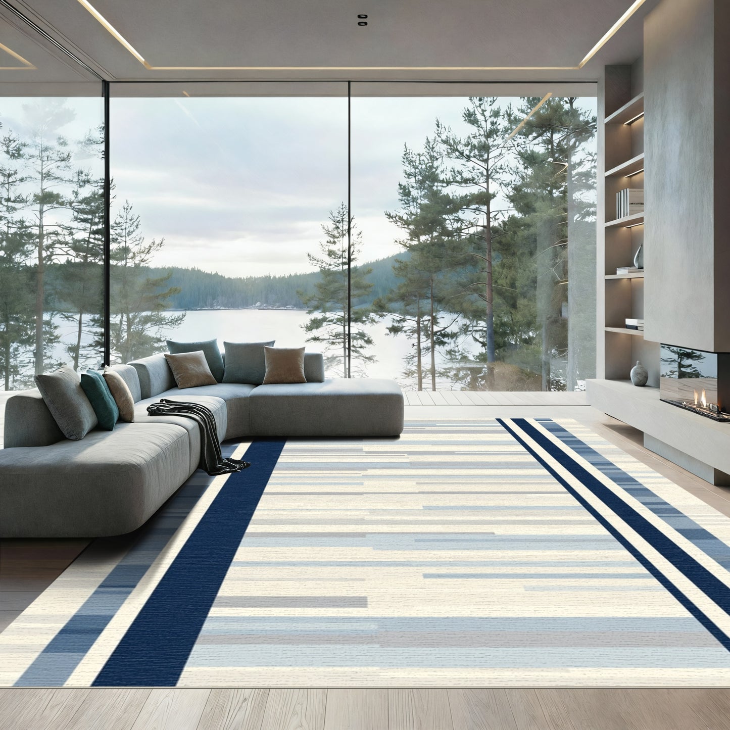 Navy Blue Horizontal Stripe Abstract Rug