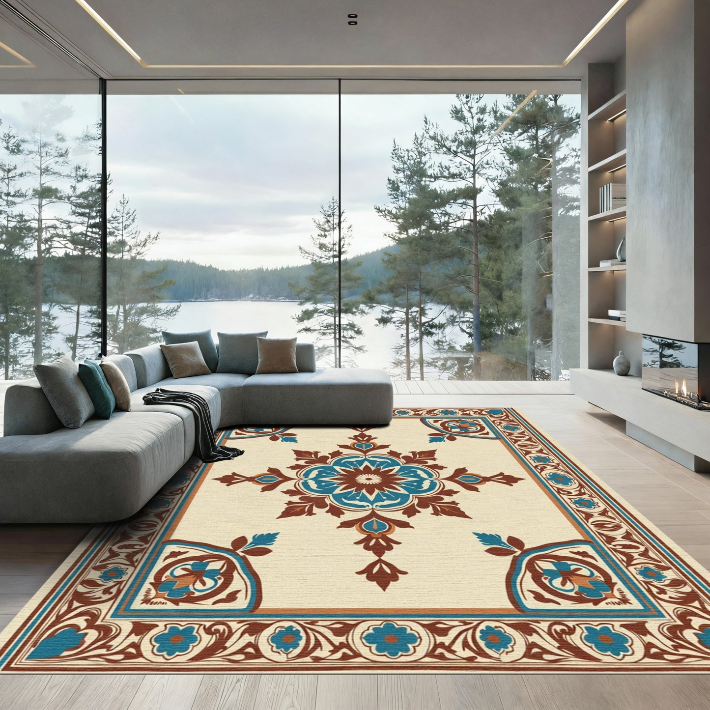 Classic Teal Brown Floral Medallion Rug