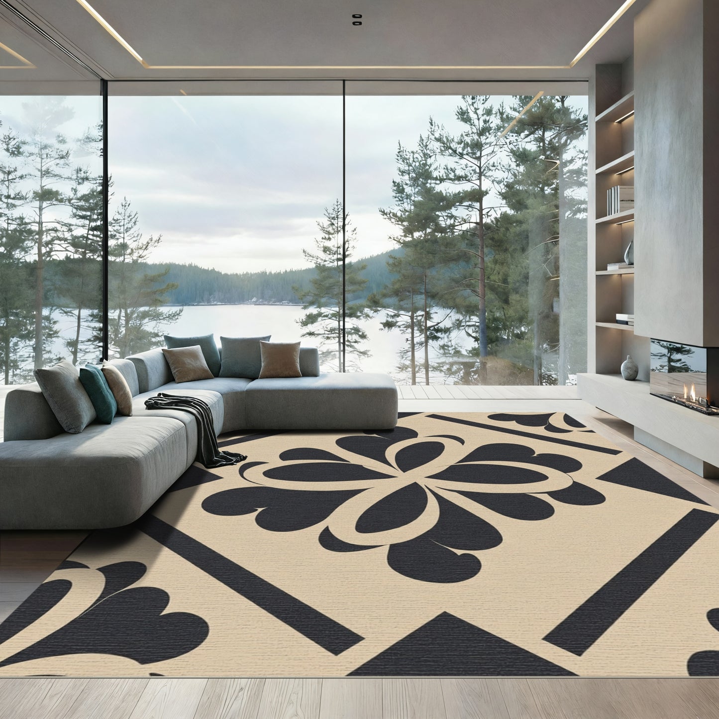 Bold Black Floral Diamond Tiling Rug