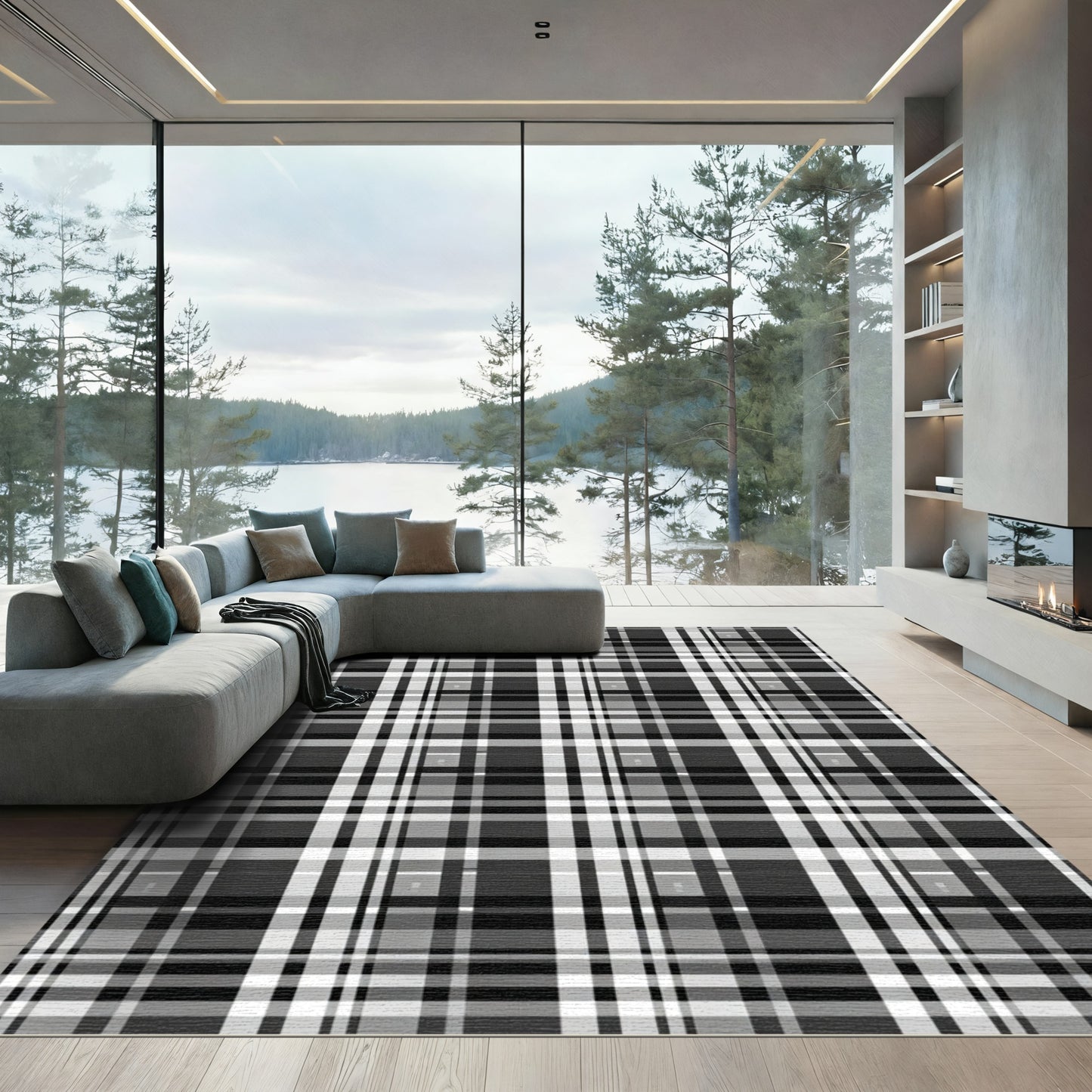 Monochrome Plaid Grid Composition Rug