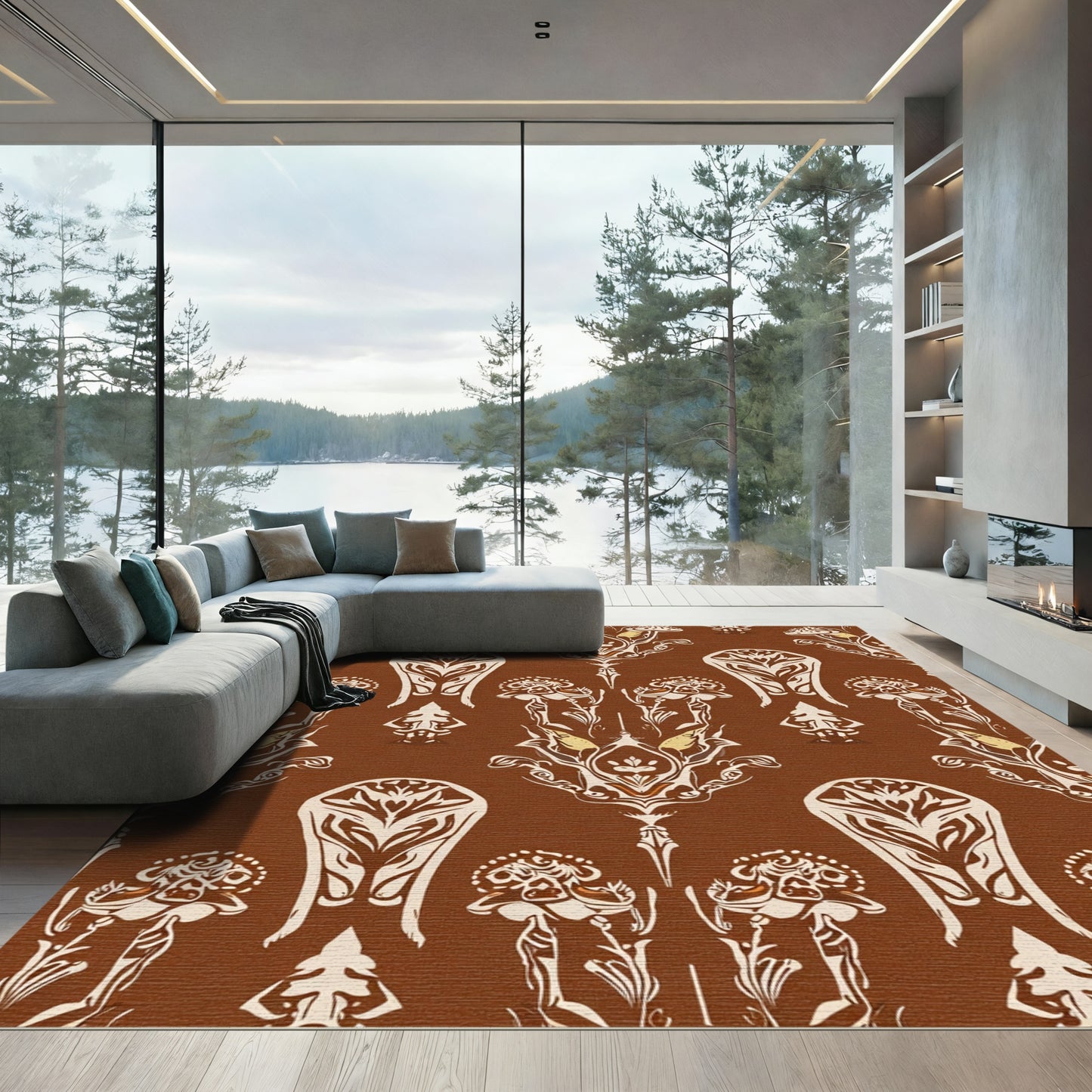 Earthy Brown Ivory Floral Scroll Rug