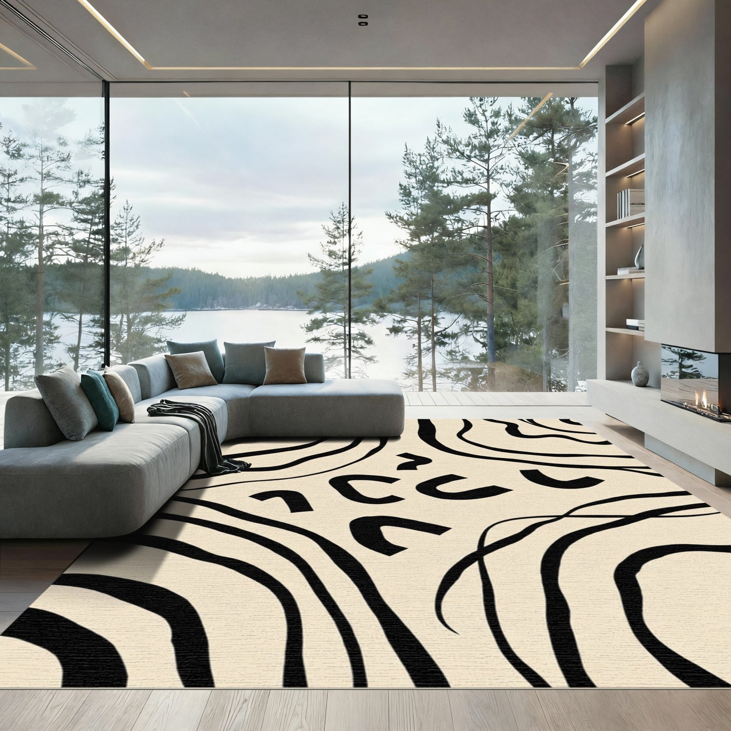 Beige and Black Organic Wave Rug