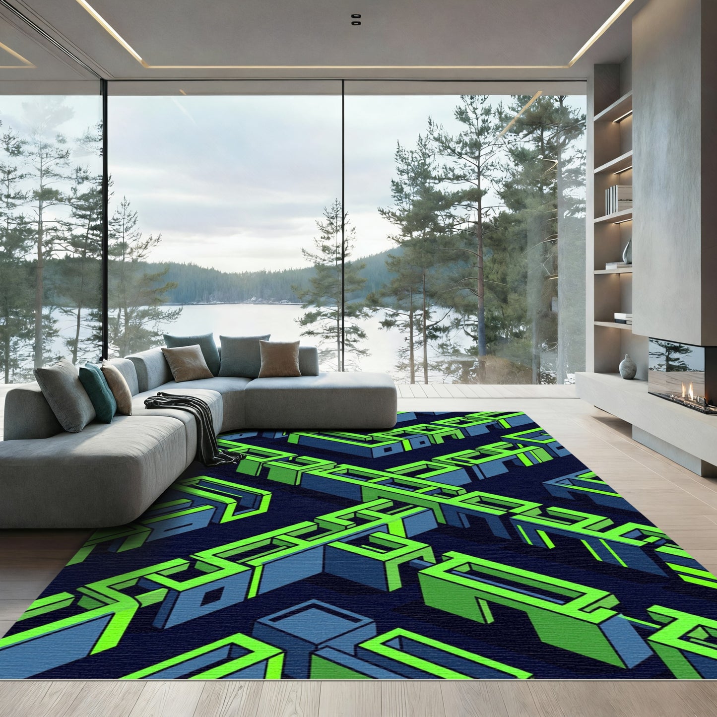 Neon Isometric Geometric Abstract Labyrinth Rug