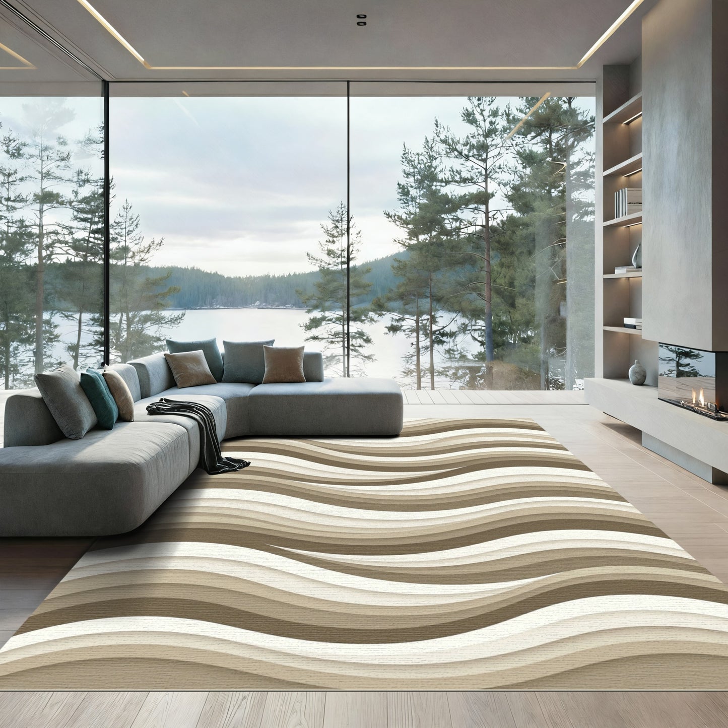 Modern Neutral Wavy Layered Ripple Rug