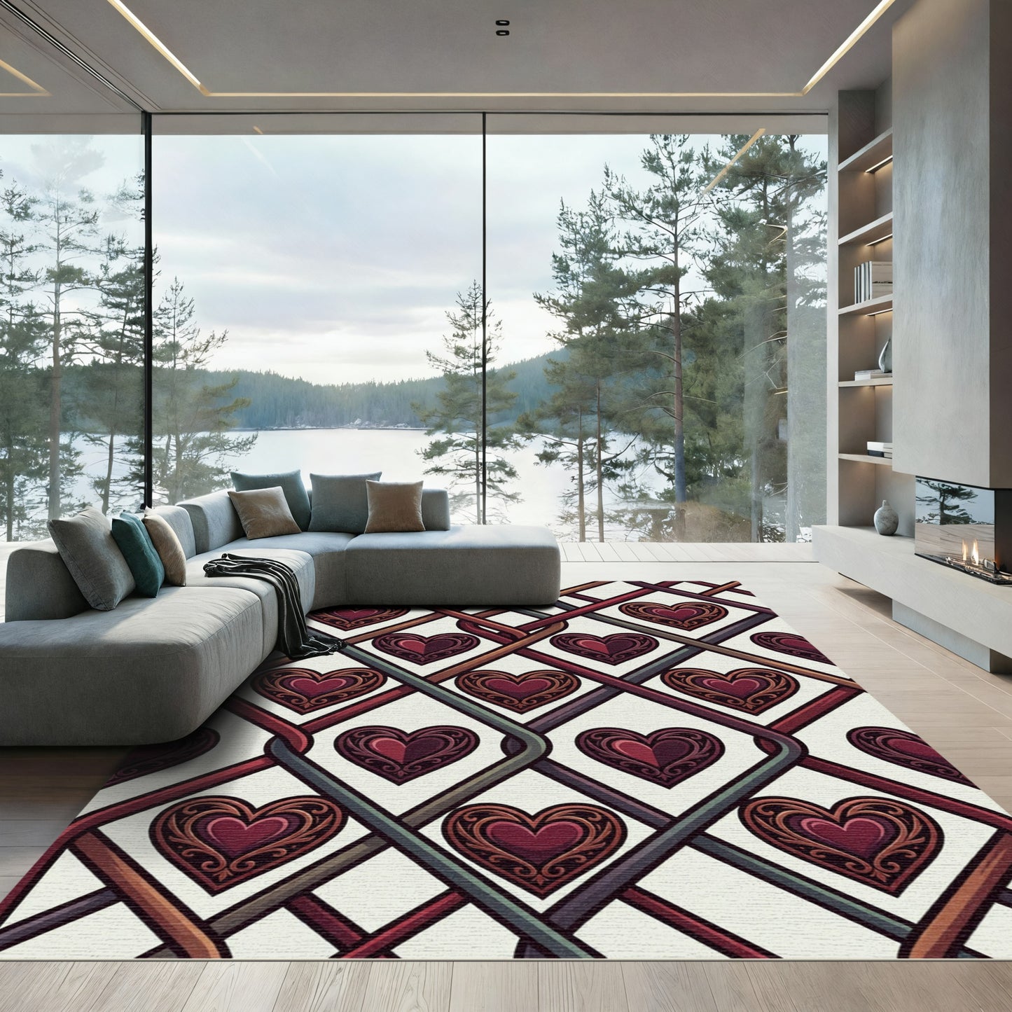 Deep Crimson Heart Weave Composition Rug