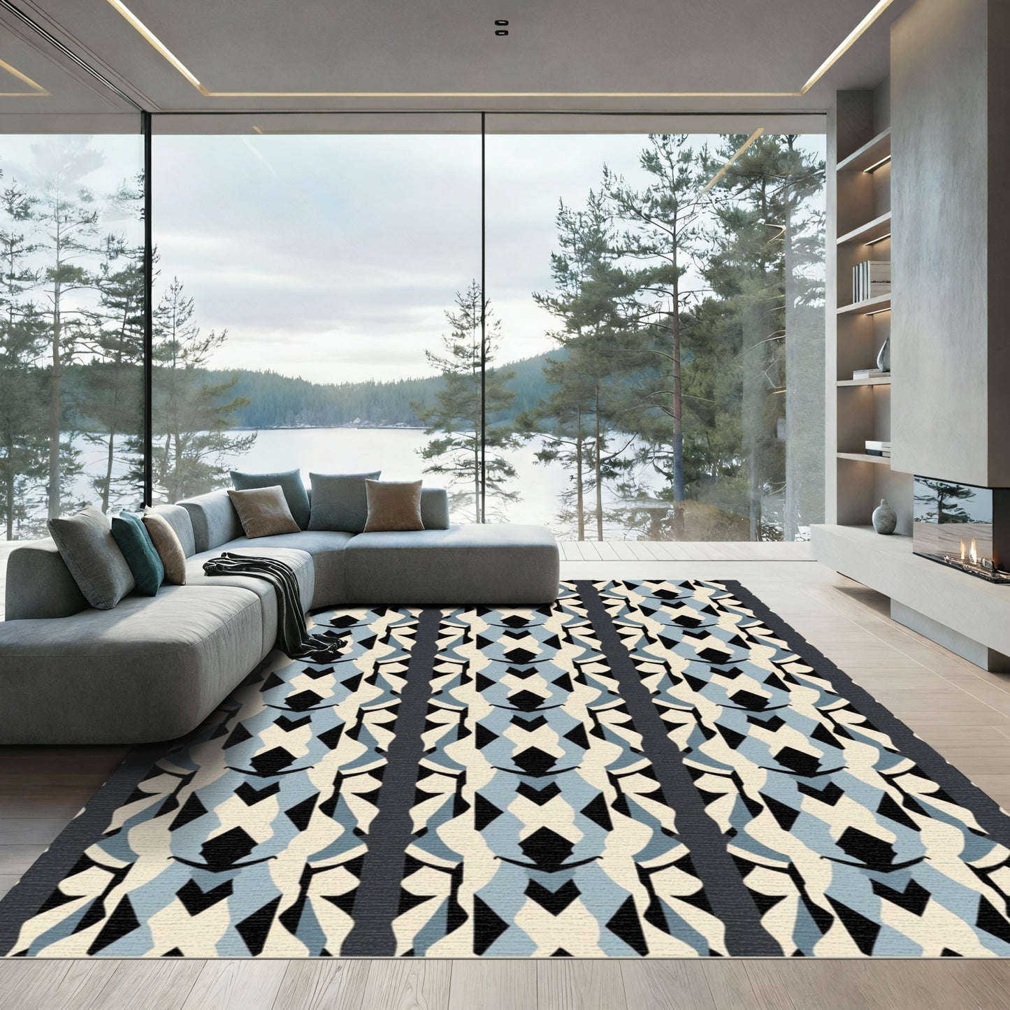Pale Blue Black Cream Geometric Stripes Rug