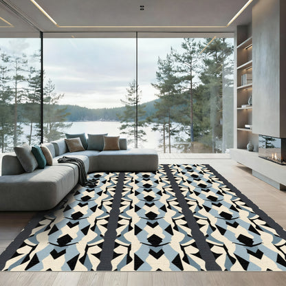 Pale Blue Black Cream Geometric Stripes Rug