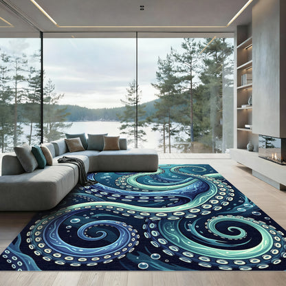 Deep Blue Teal Octopus Tentacles Rug