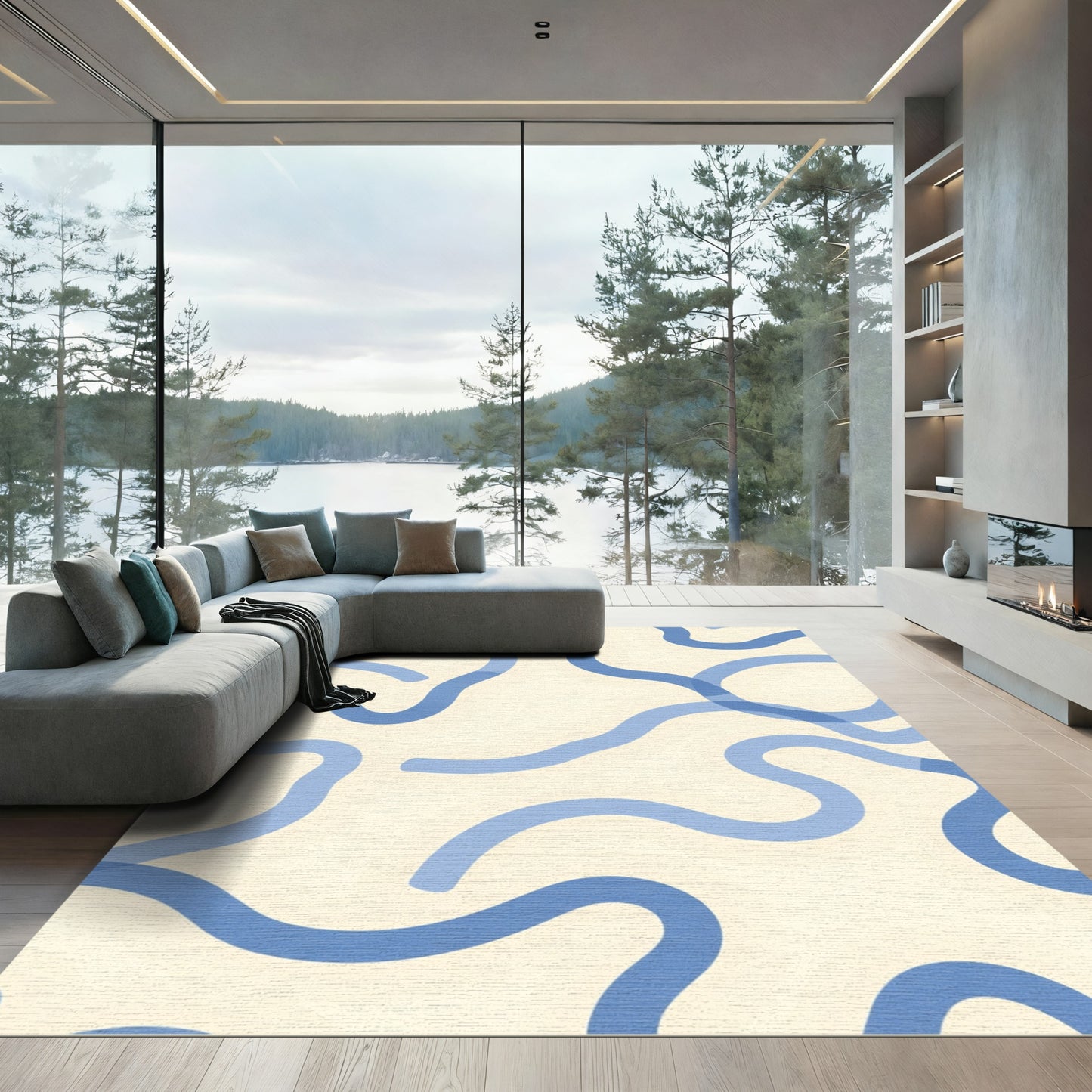 Cream Blue Abstract Swirls Rug