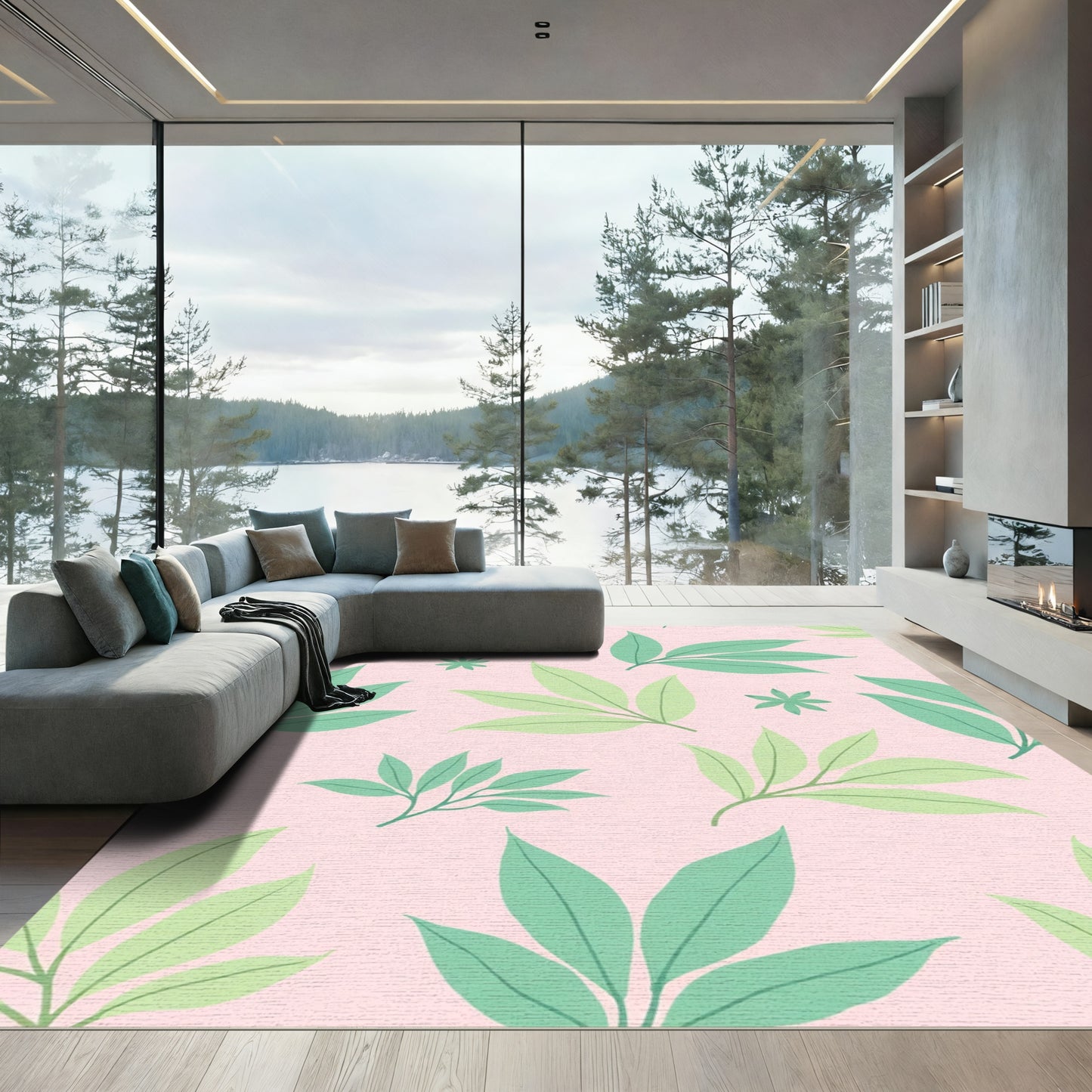 Soft Pink Green Leafy Botanical Rug