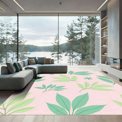 Soft Pink Green Leafy Botanical Rug