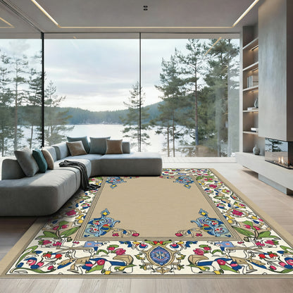 Vibrant Floral Border with Blue Accents Rug