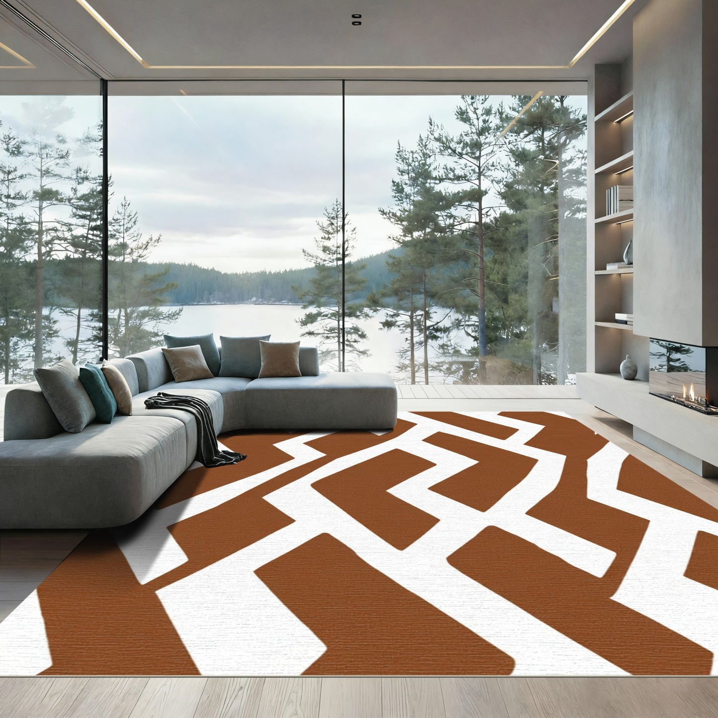 Brown White Abstract Geometric Pattern Rug