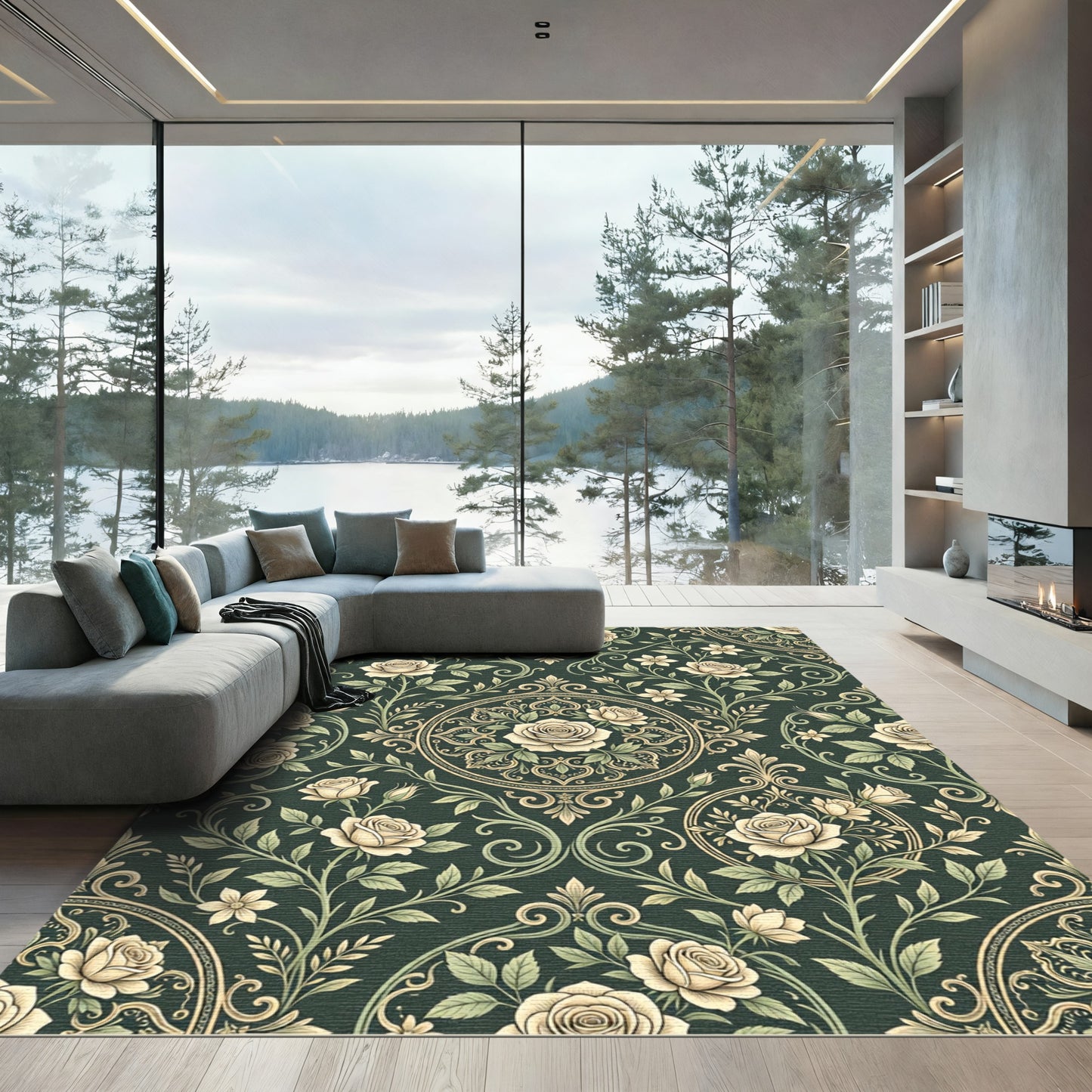 Elegant Cream Rose Dark Forest Medallion Rug
