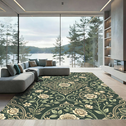 Elegant Cream Rose Dark Forest Medallion Rug