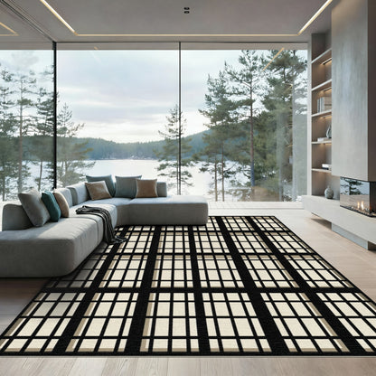 Minimalist Black and Cream Grid Rug