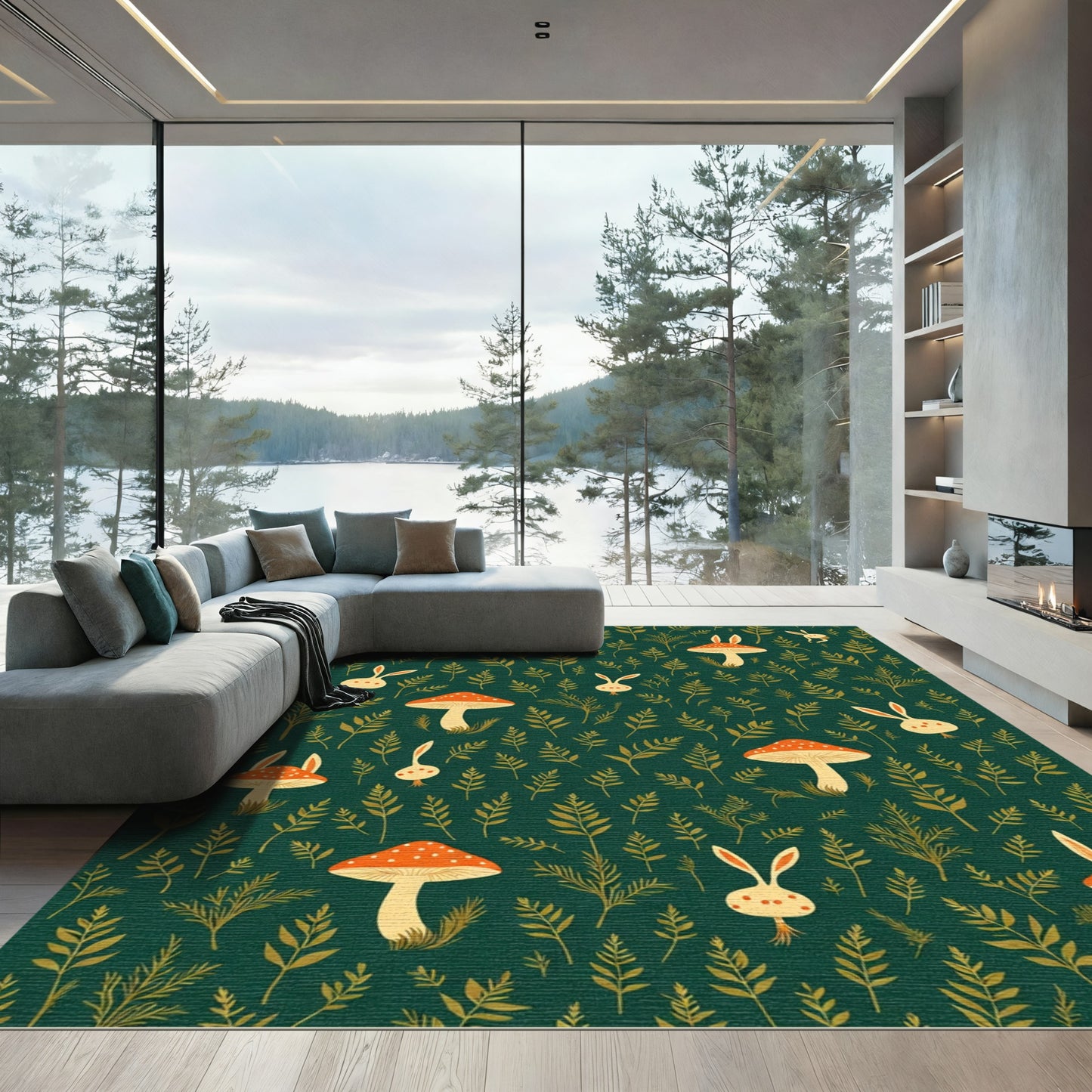Whimsical Forest Red Mushroom Bunny Rug
