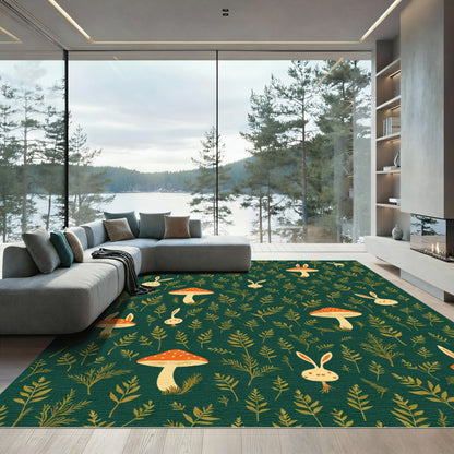 Whimsical Forest Red Mushroom Bunny Rug