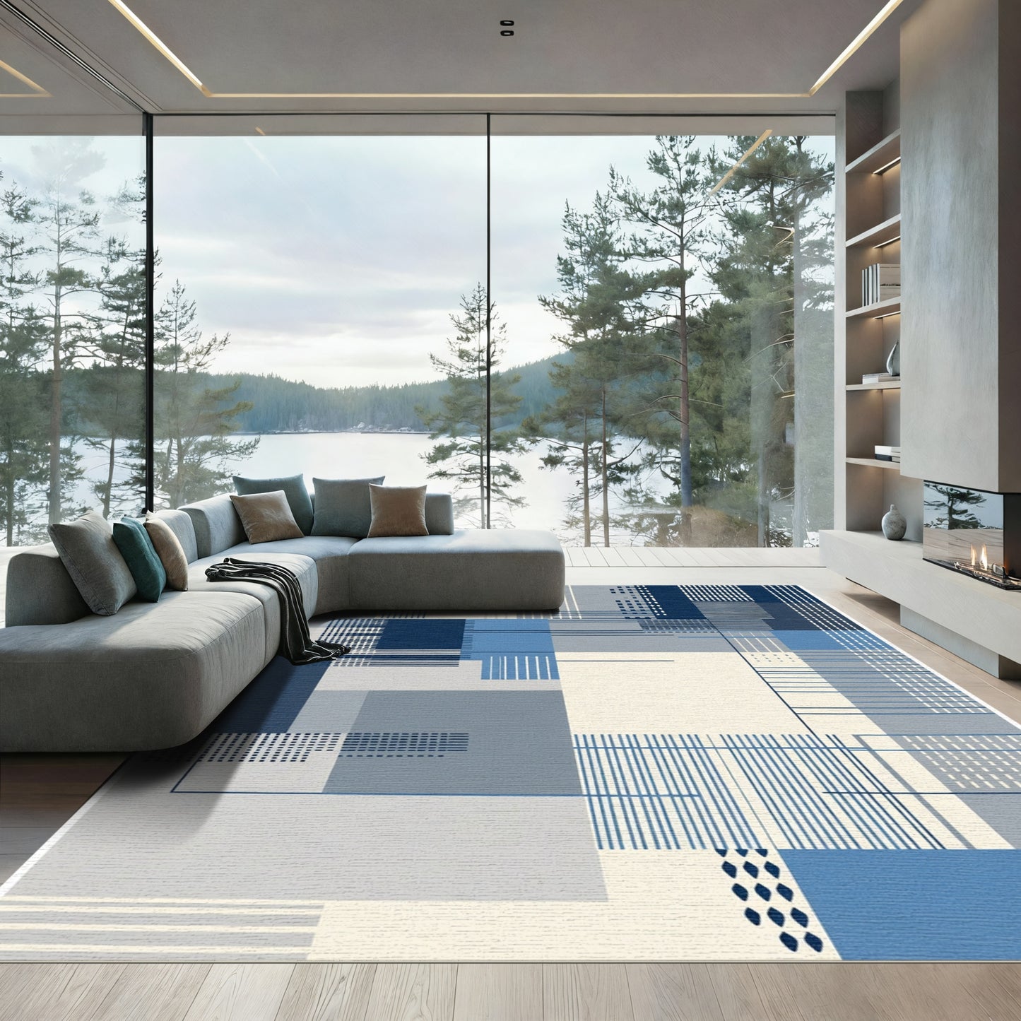Abstract Blue Geometric Line Arrangement Rug