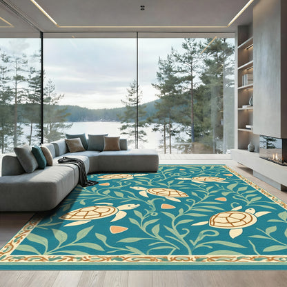 Aqua Blue Sea Turtle Foliage Rug