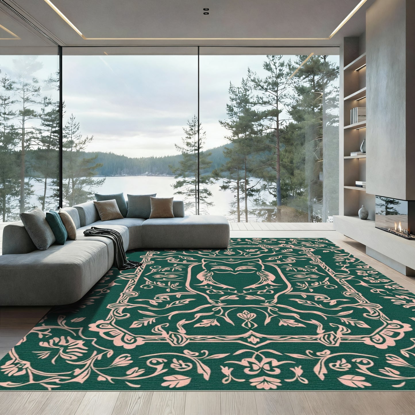 Forest Green Pink Owl Floral Swirls Rug